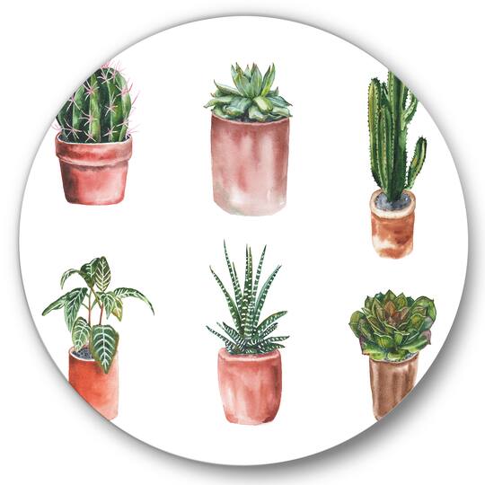 Designart - Flowers In A Pot Cacti and Succulents - Traditional Metal Circle Wall Art